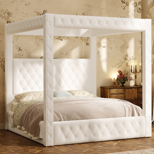 Swoon Velvet Canopy Bed Frame Amerlife Cream / King