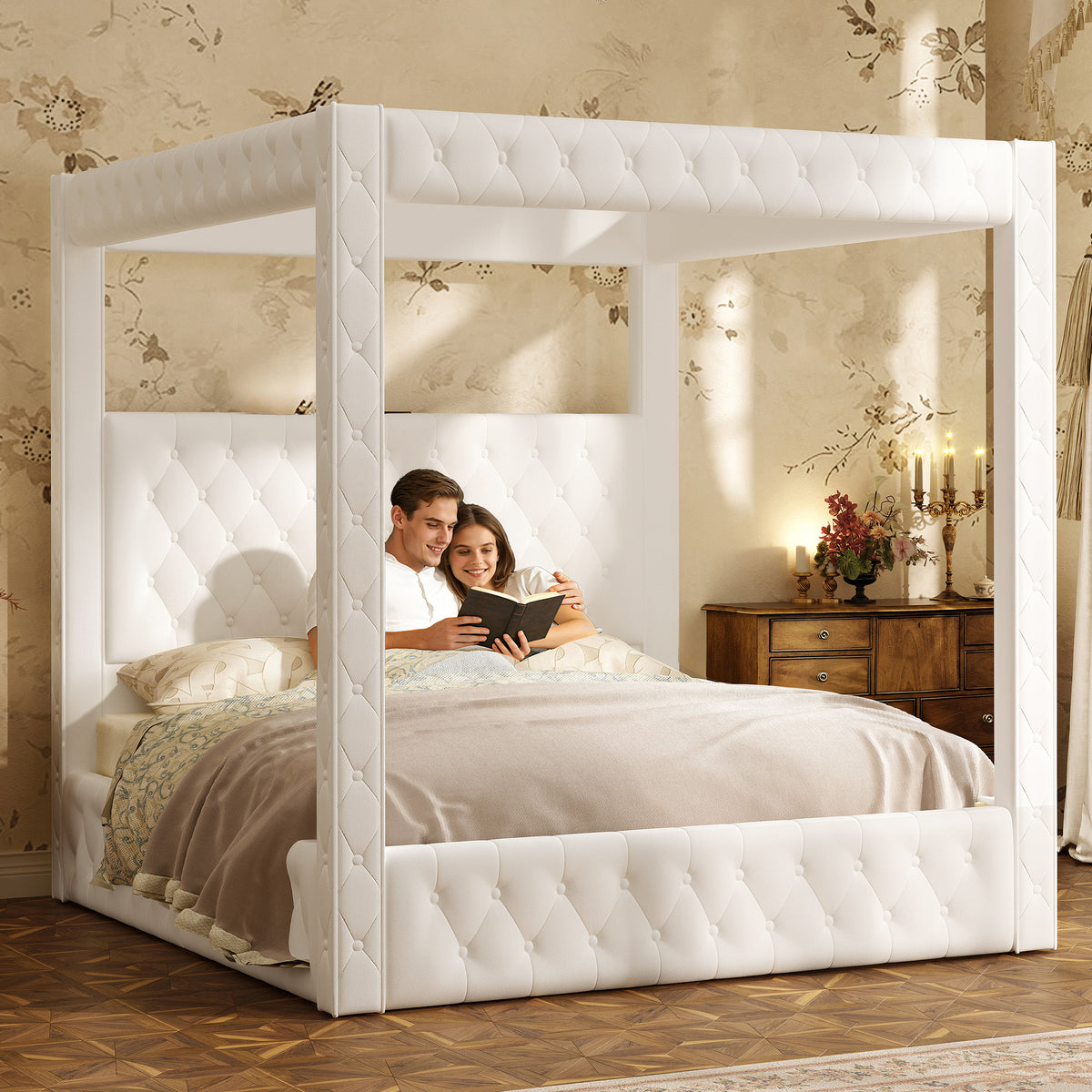 Swoon Velvet Canopy Bed Frame Amerlife Cream / King