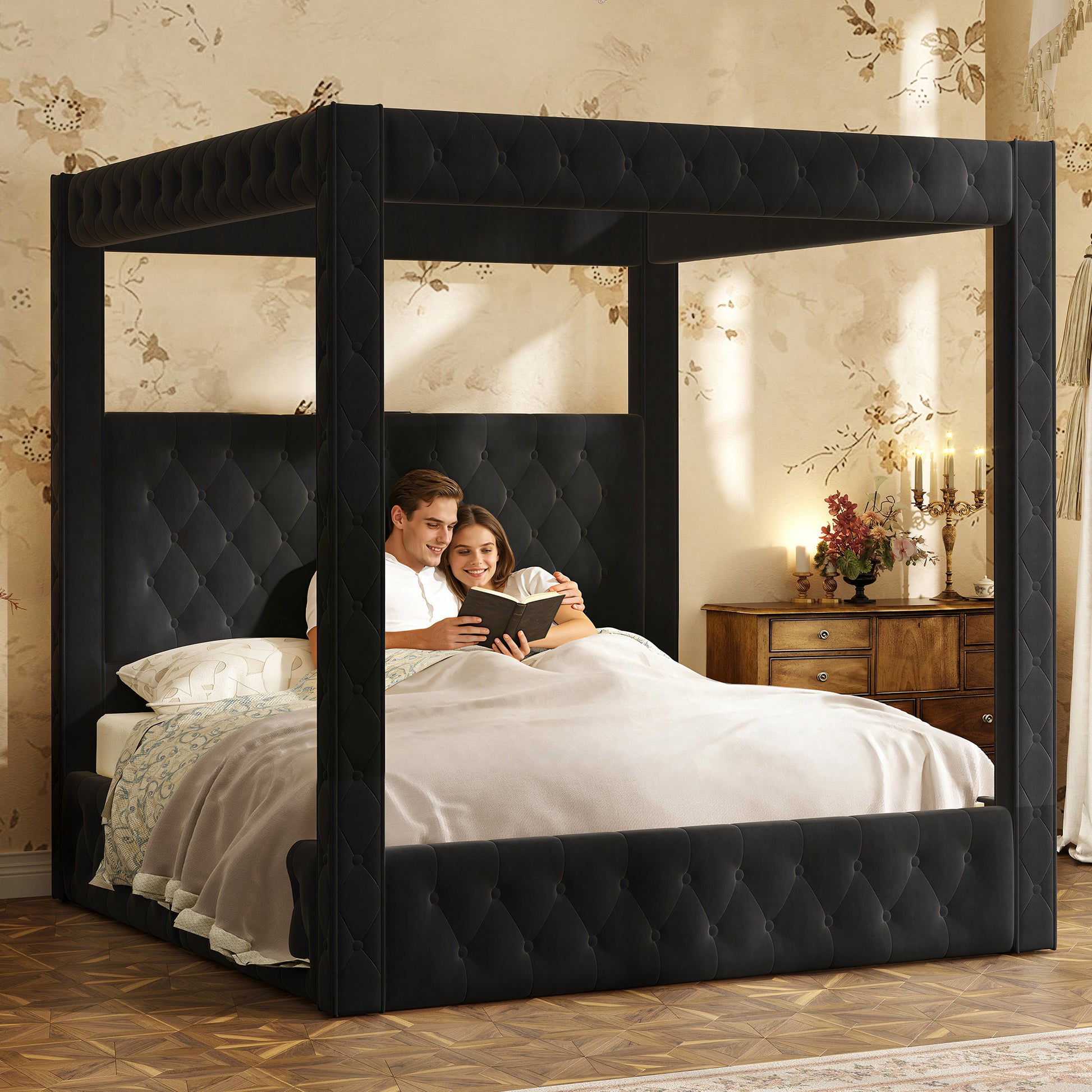 Swoon Velvet Canopy Bed Frame Amerlife Black / King