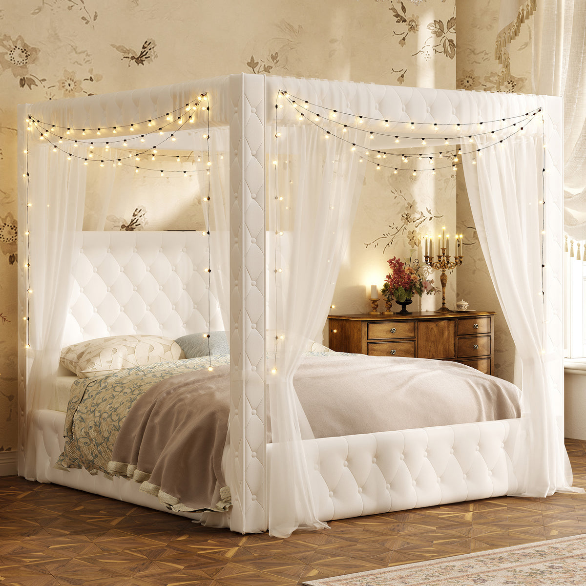 Swoon Velvet Canopy Bed Frame Amerlife Cream / King