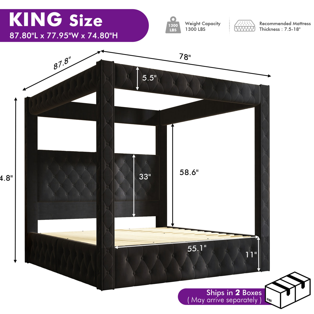 Swoon Velvet Canopy Bed Frame Amerlife Black / King