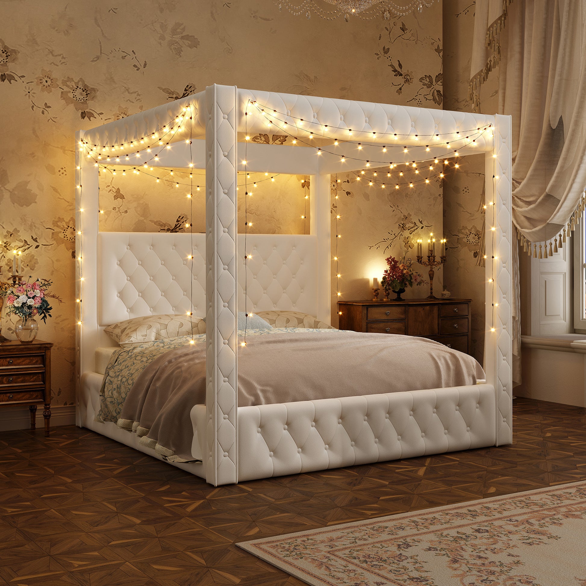 Swoon Velvet Canopy Bed Frame Amerlife Cream / King