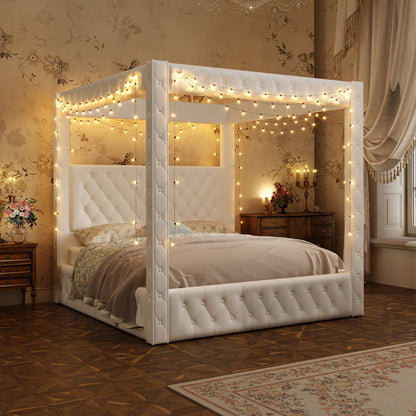 Swoon Velvet Canopy Bed Frame Amerlife Cream / King