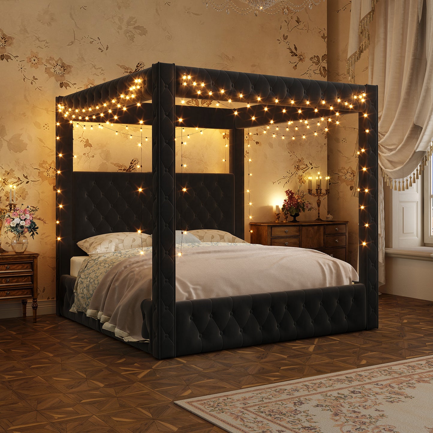 Swoon Velvet Canopy Bed Frame Amerlife Black / King