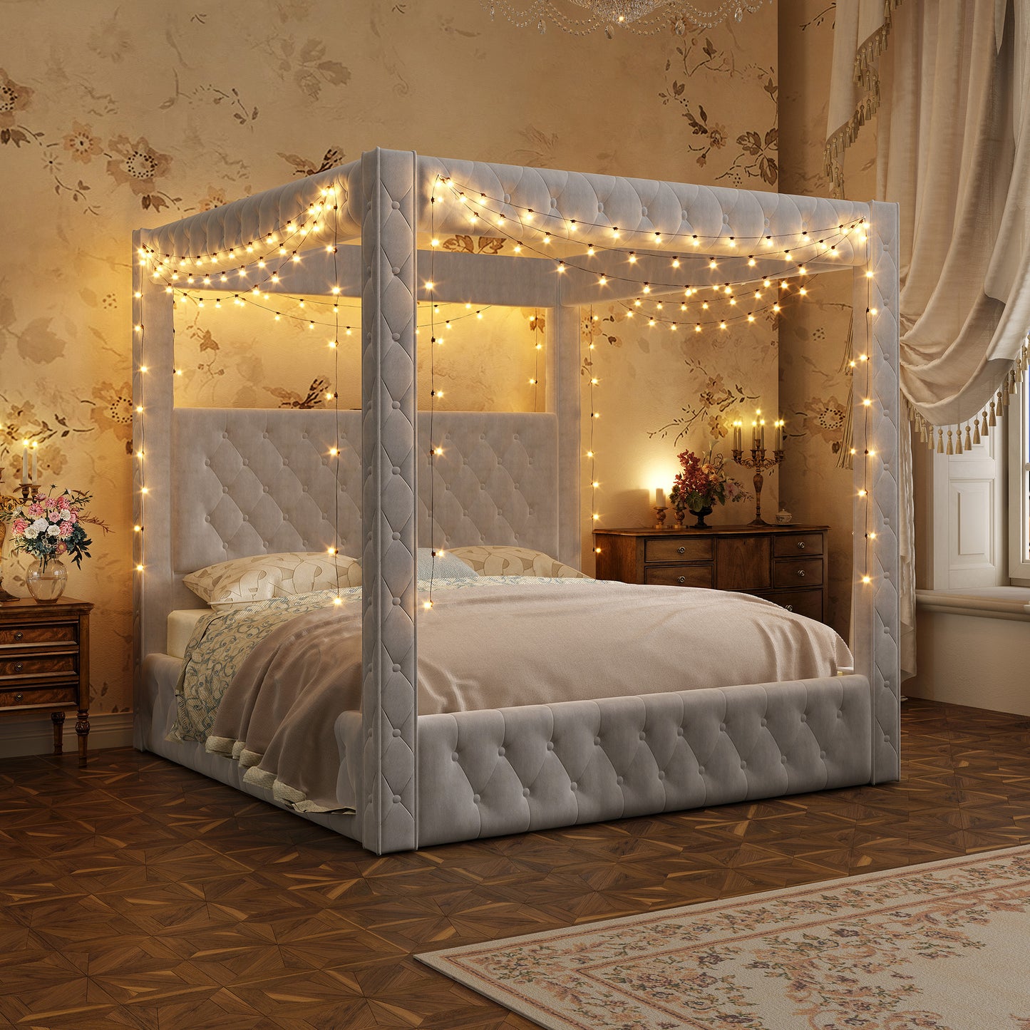 Swoon Velvet Canopy Bed Frame Amerlife Grey / King