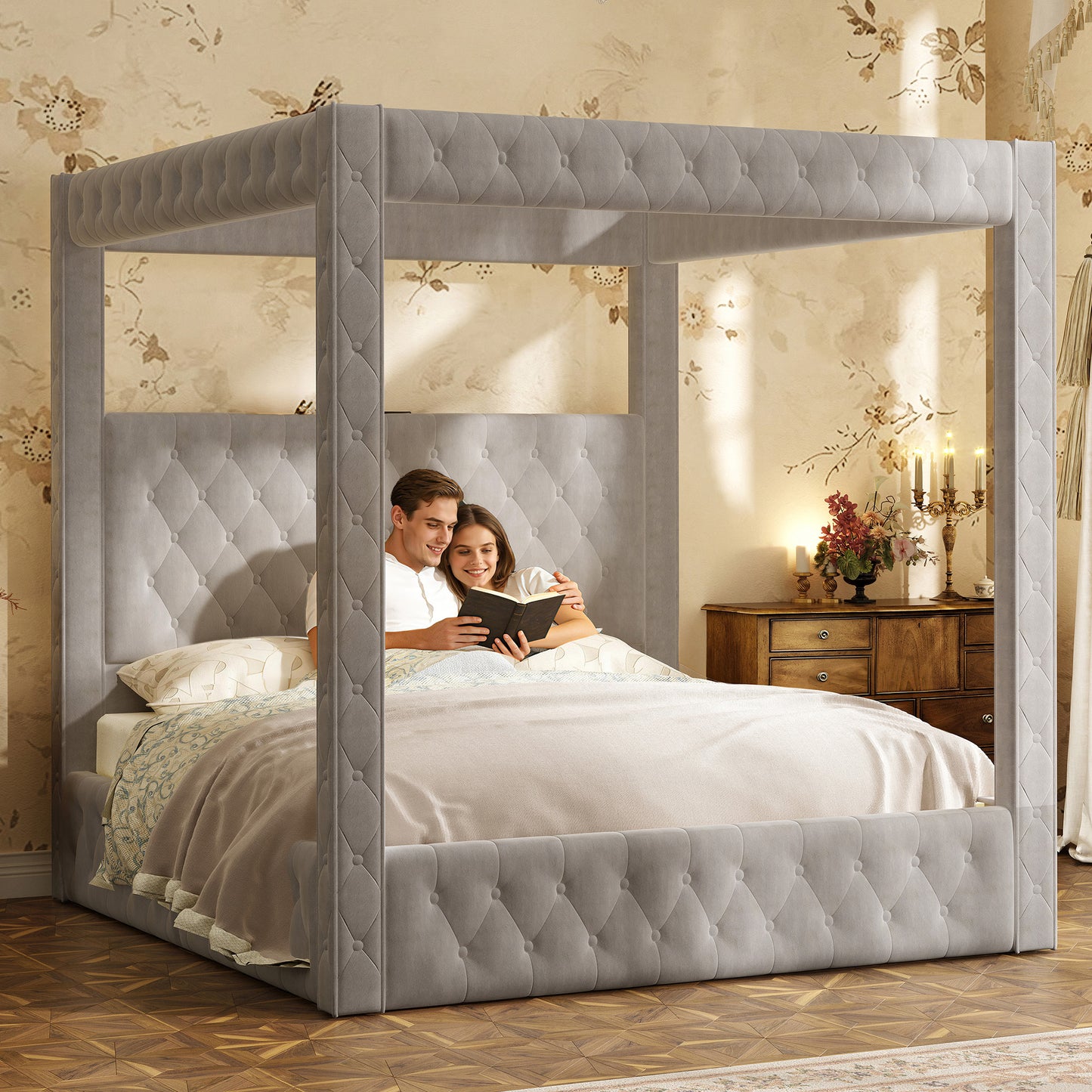 Swoon Velvet Canopy Bed Frame Amerlife Grey / King