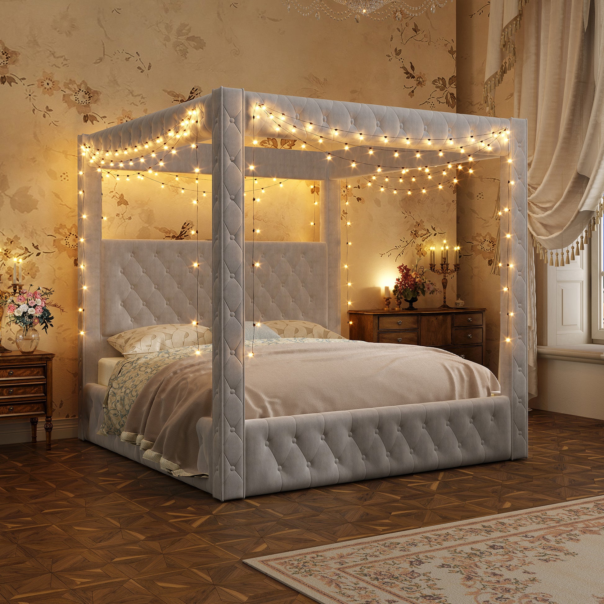 Swoon Velvet Canopy Bed Frame Amerlife Grey / Queen