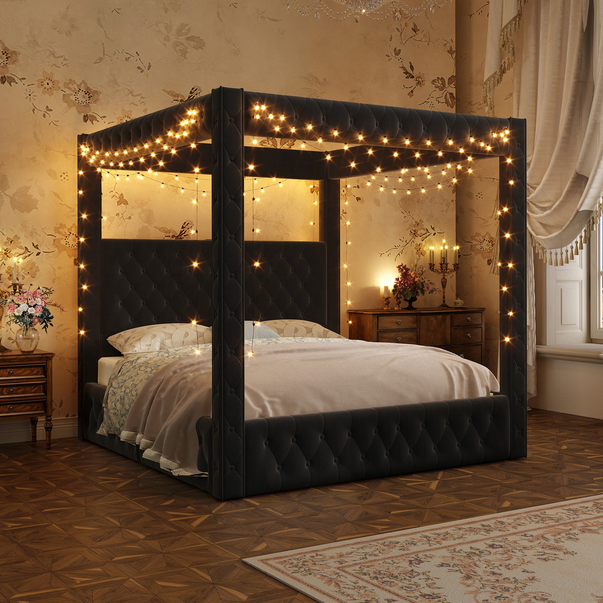 Swoon Velvet Canopy Bed Frame Amerlife Black / Queen