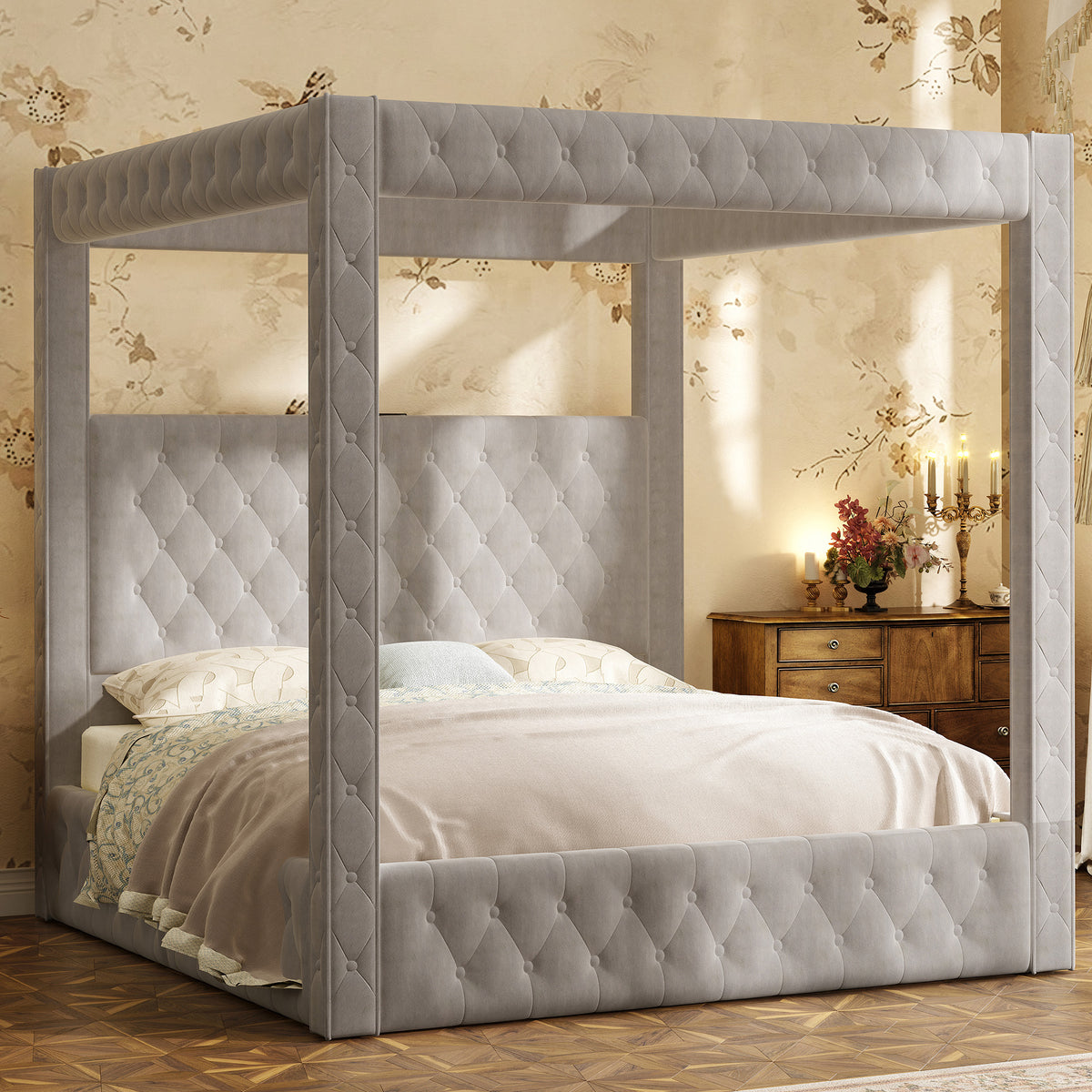 Swoon Velvet Canopy Bed Frame Amerlife Grey / Queen