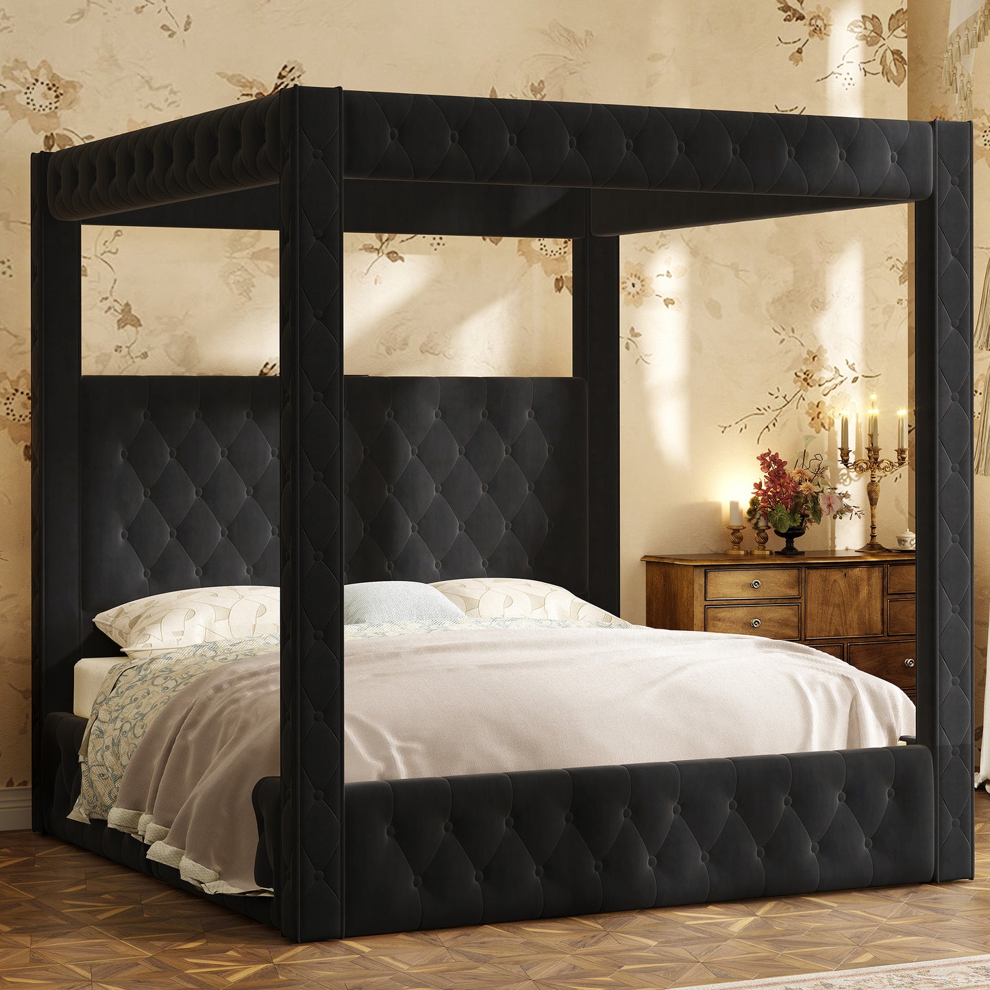 Swoon Velvet Canopy Bed Frame Amerlife Black / Queen