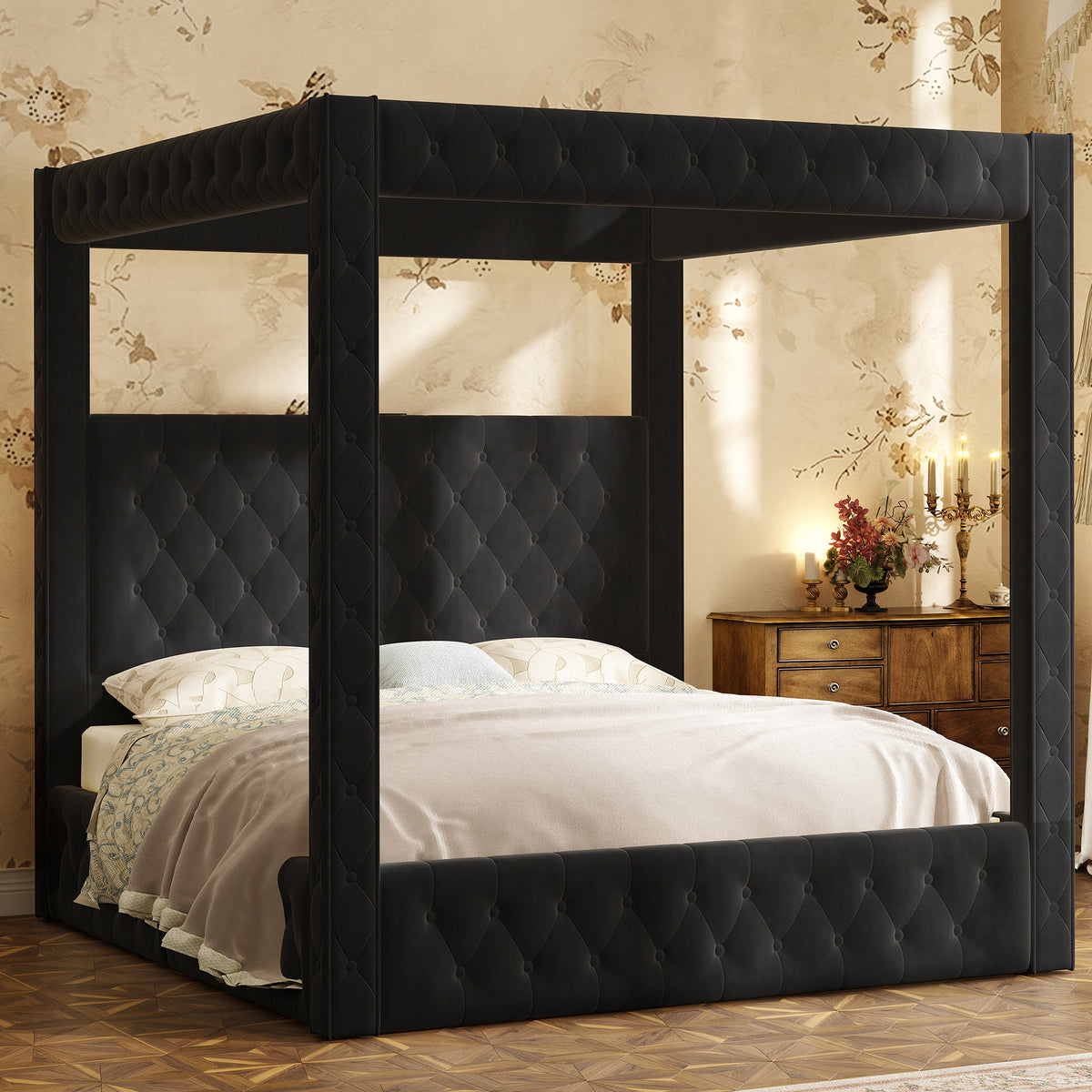 Swoon Velvet Canopy Bed Frame Amerlife Black / Queen