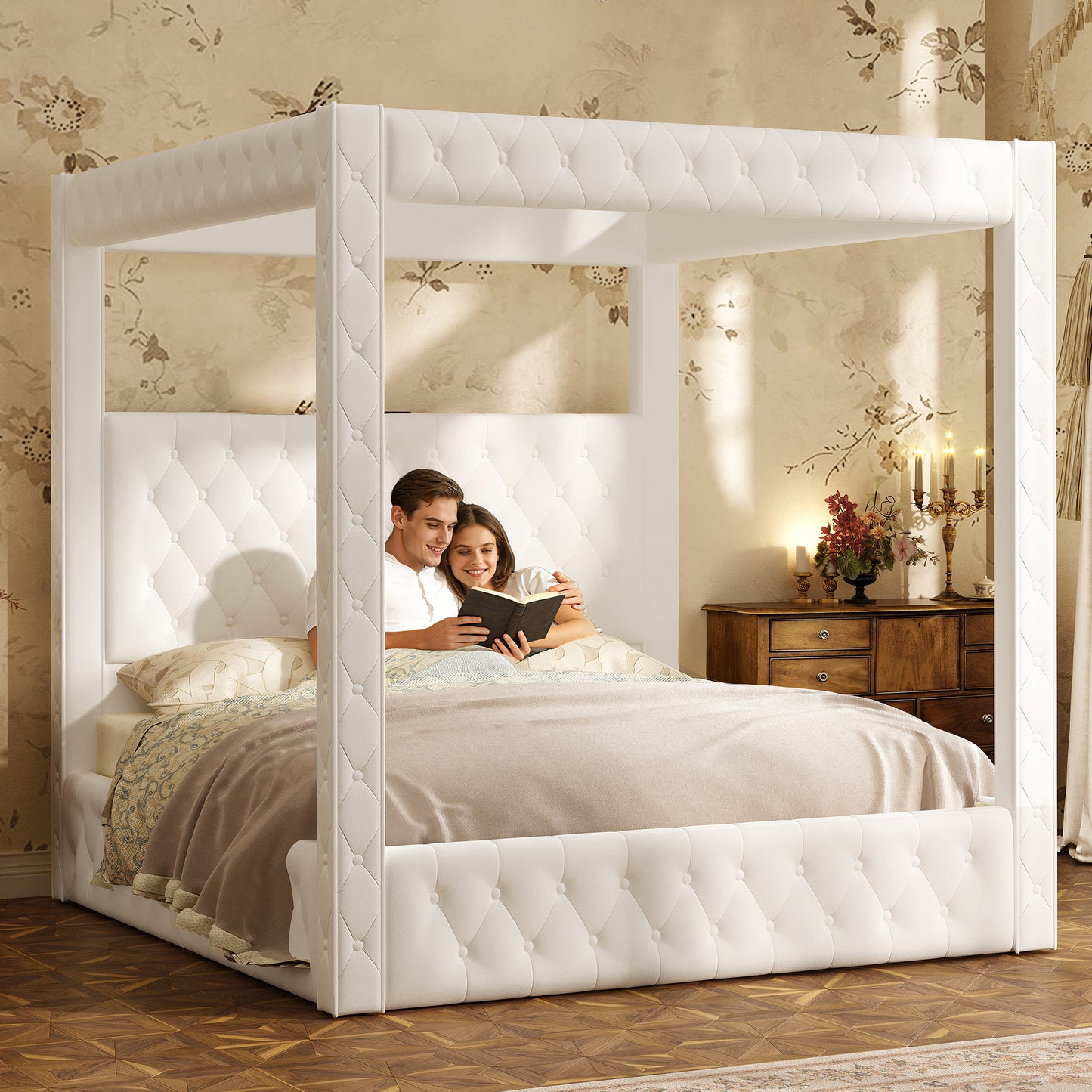 Swoon Velvet Canopy Bed Frame Amerlife Cream / Queen
