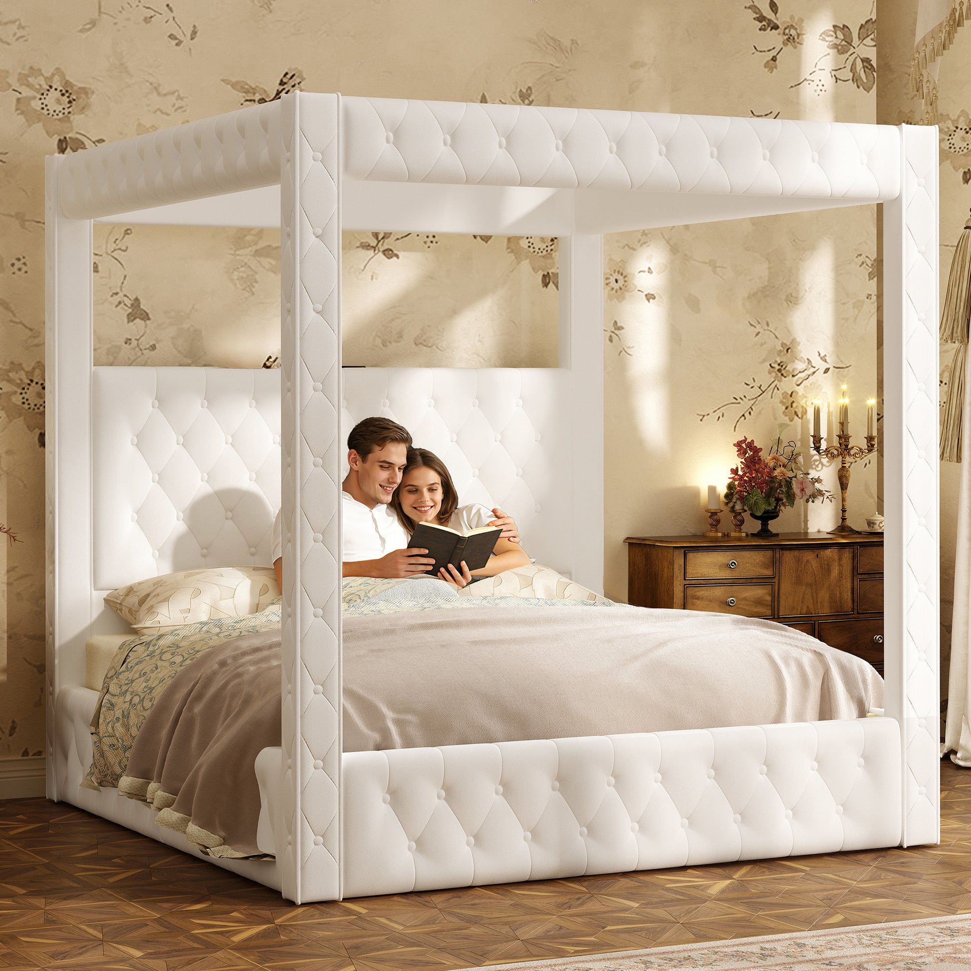 Swoon Velvet Canopy Bed Frame Amerlife Cream / Queen