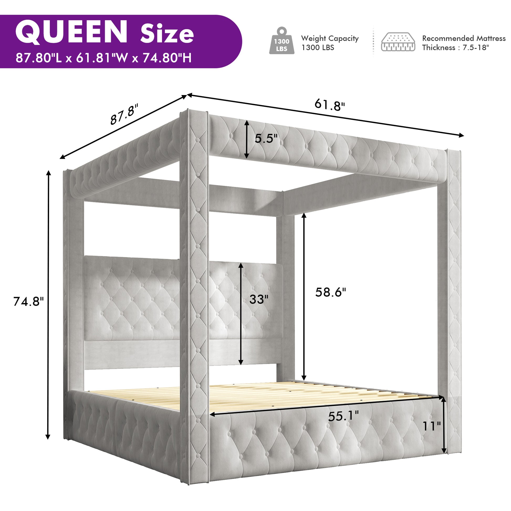 Swoon Velvet Canopy Bed Frame Amerlife Grey / Queen