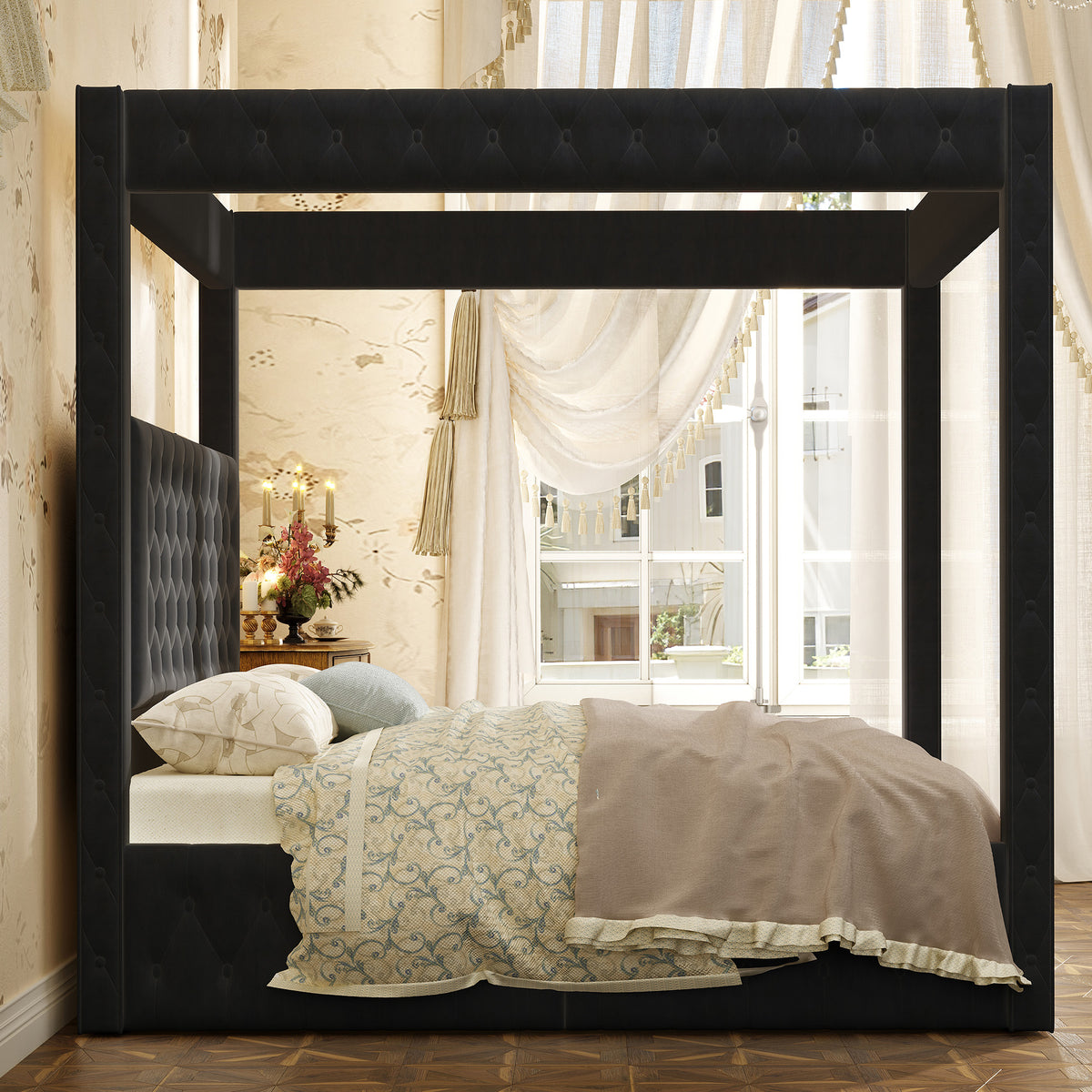 Swoon Velvet Canopy Bed Frame Amerlife Black / Queen