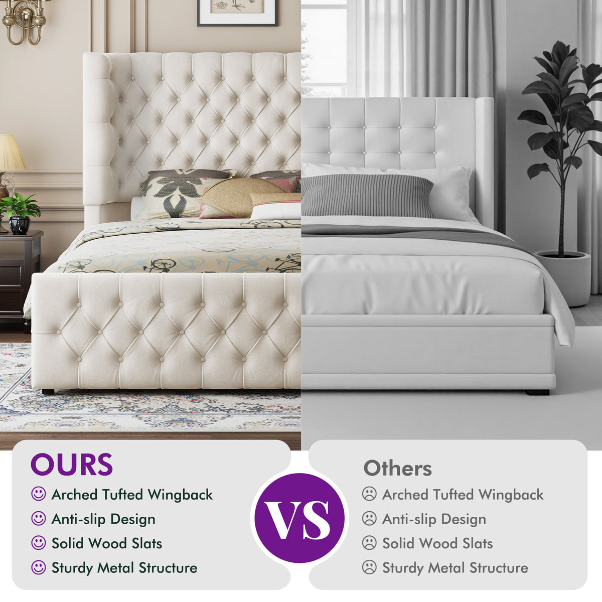 Plush Curved Wingback Bed Frame  - CK Bed Beige
