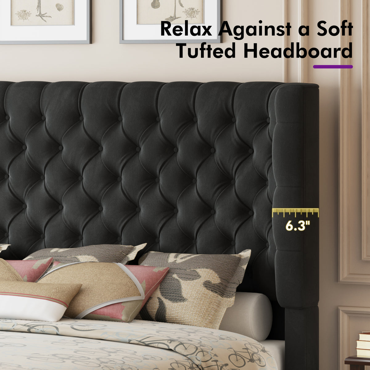Plush Curved Wingback Bed Frame  - CK Bed Balck