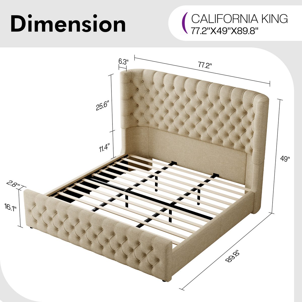 Plush Curved Wingback Bed Frame  - CK Bed Khaki