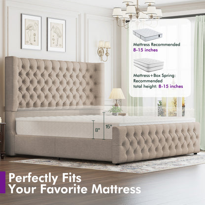 Plush Curved Wingback Bed Frame  - CK Bed Khaki