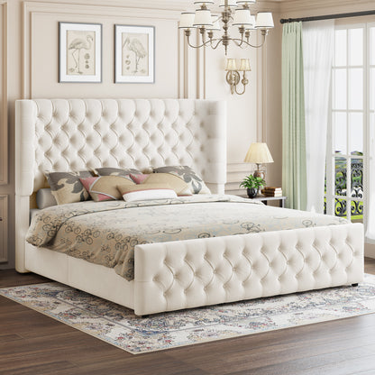 Plush Curved Wingback Bed Frame  - King Bed Beige