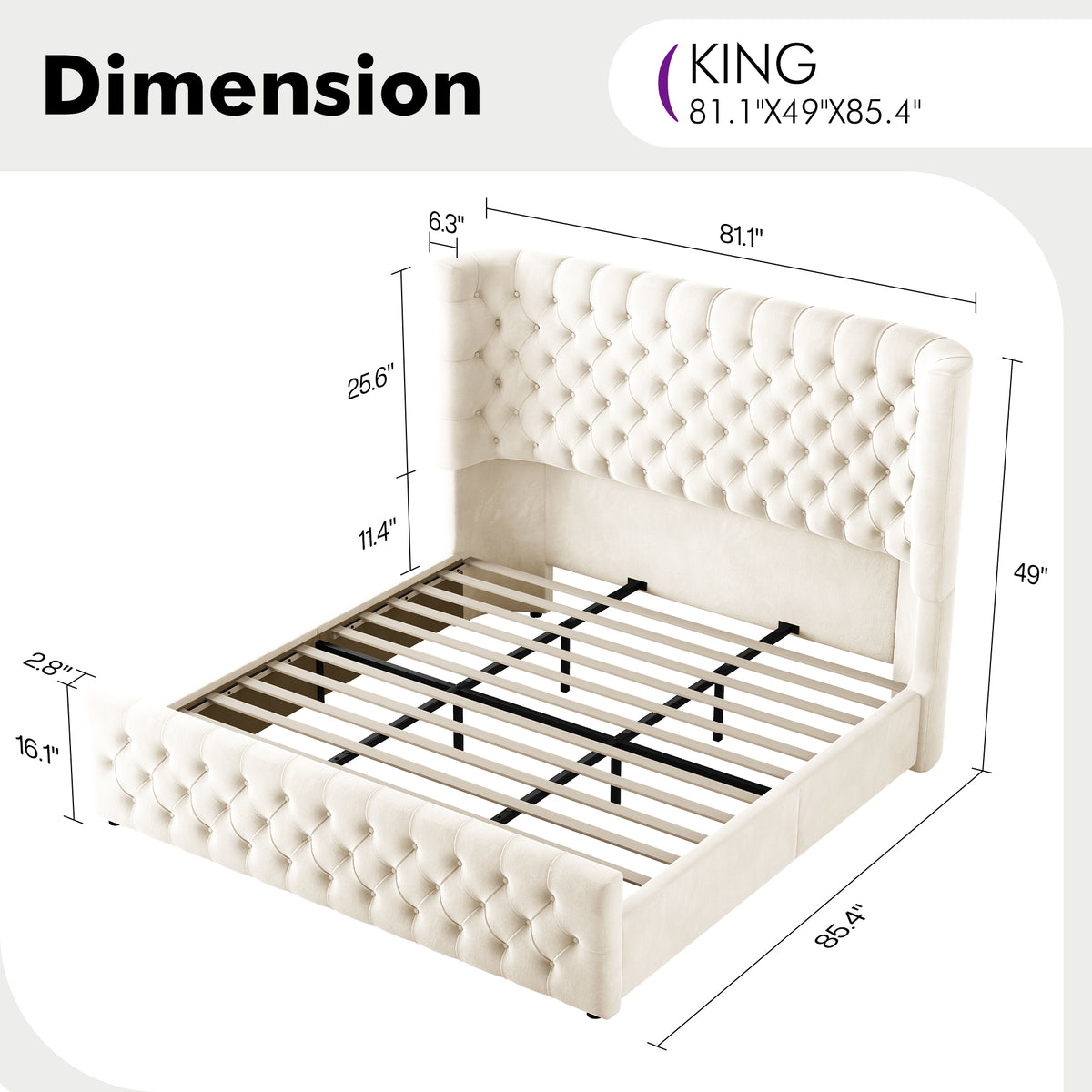 Plush Curved Wingback Bed Frame  - King Bed Beige