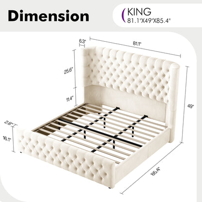 Plush Curved Wingback Bed Frame  - King Bed Beige