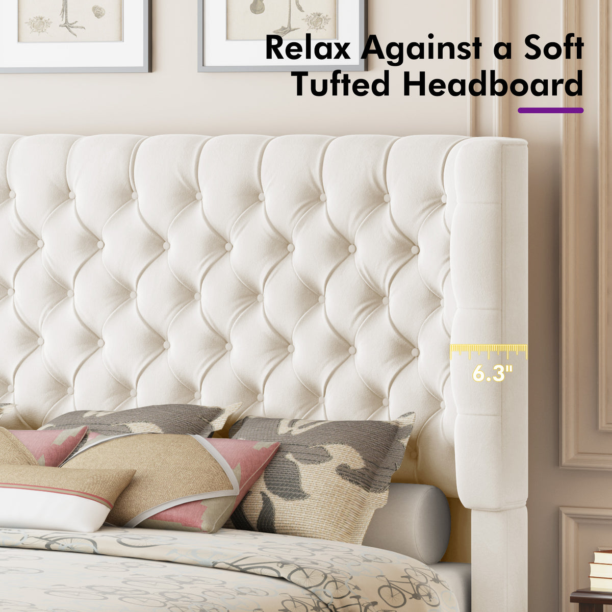 Plush Curved Wingback Bed Frame  - King Bed Beige