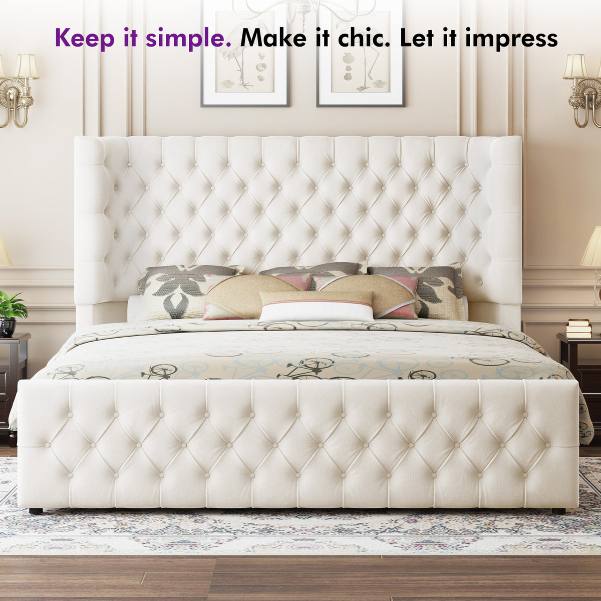 Plush Curved Wingback Bed Frame  - King Bed Beige