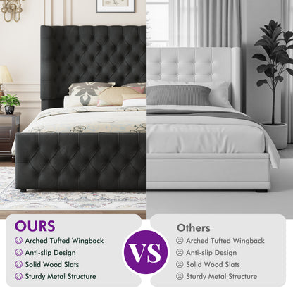 Plush Curved Wingback Bed Frame  - King Bed Black