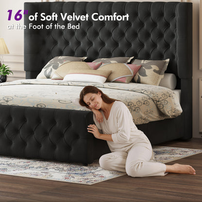 Plush Curved Wingback Bed Frame  - King Bed Black