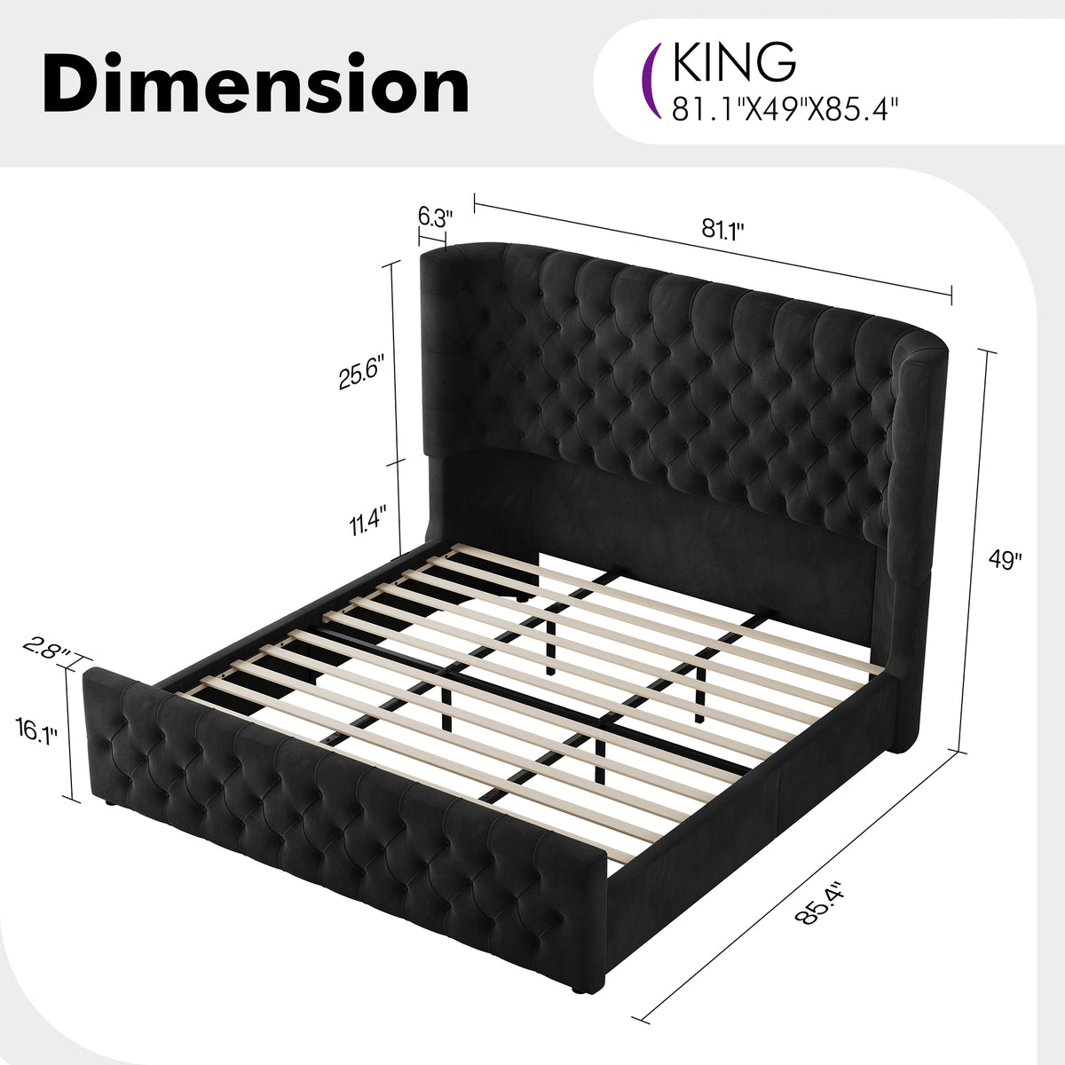 Plush Curved Wingback Bed Frame  - King Bed Black