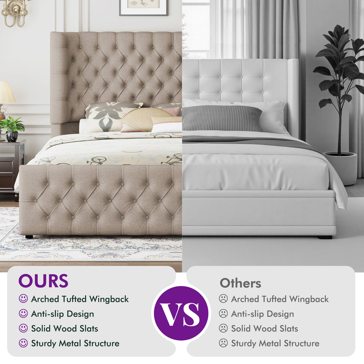 Plush Curved Wingback Bed Frame  - King Bed Khaki