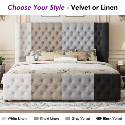 Plush Curved Wingback Bed Frame  - King Bed Khaki