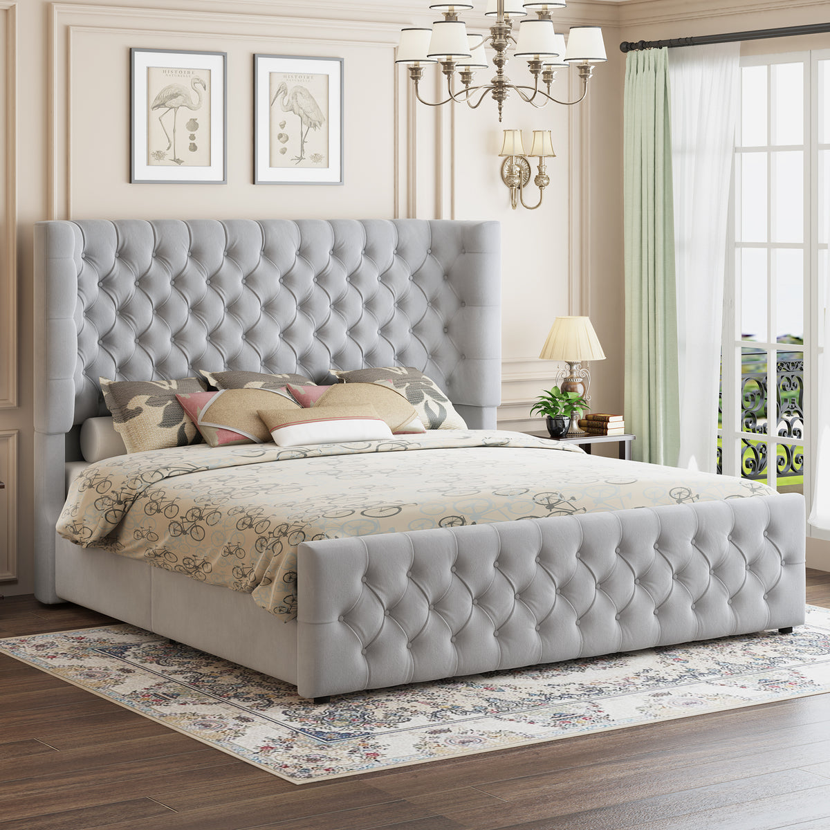 Plush Curved Wingback Bed Frame  - King Bed Light Gray