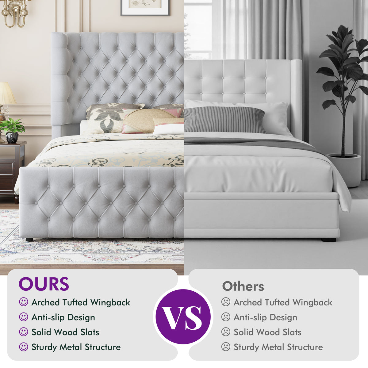 Plush Curved Wingback Bed Frame  - King Bed Light Gray
