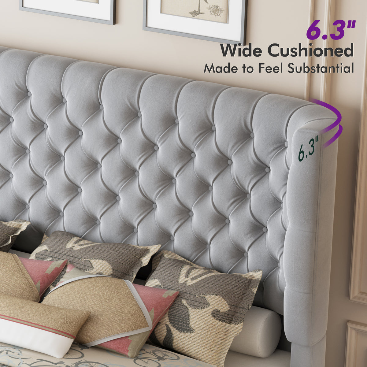 Plush Curved Wingback Bed Frame  - King Bed Light Gray