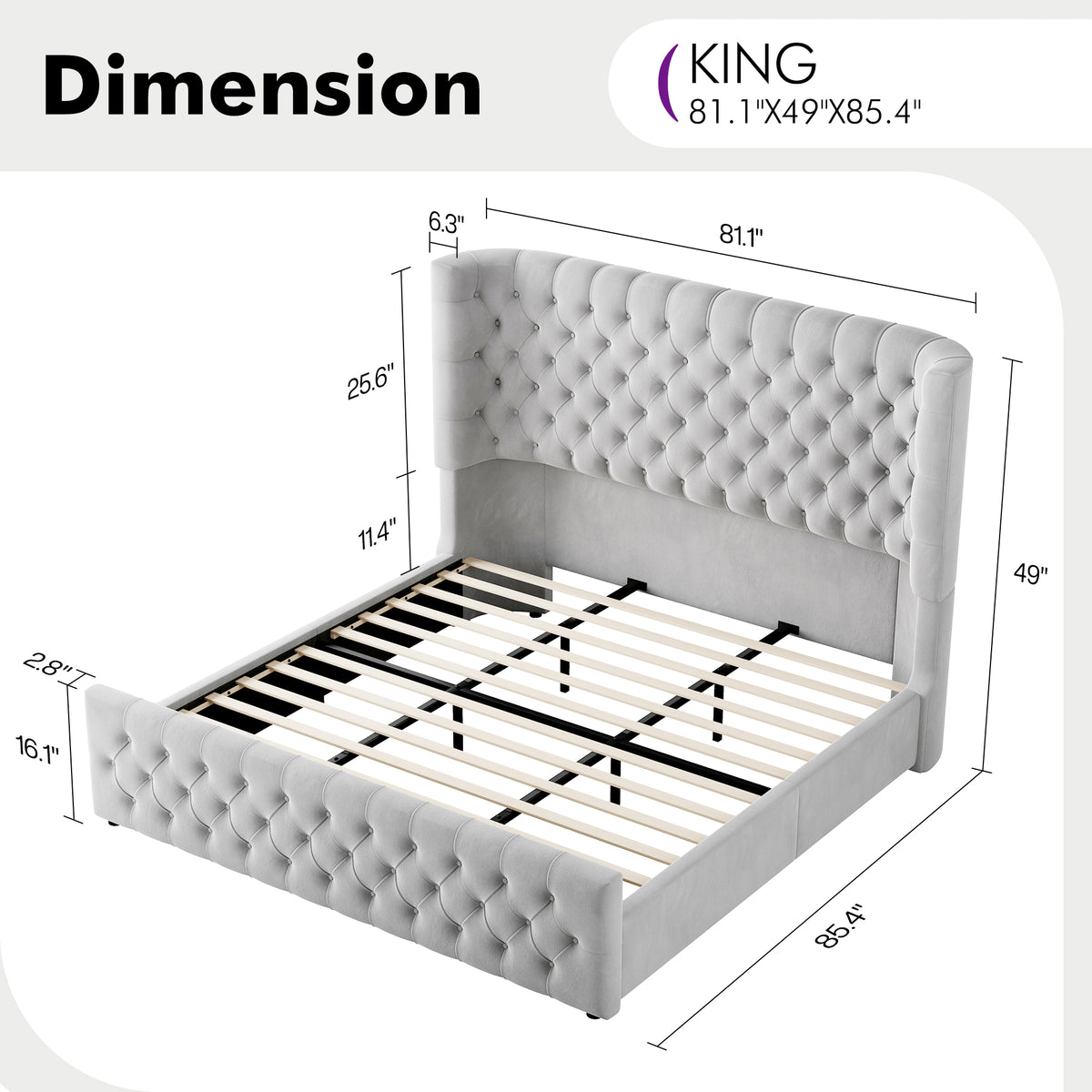 Plush Curved Wingback Bed Frame  - King Bed Light Gray