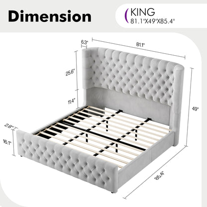 Plush Curved Wingback Bed Frame  - King Bed Light Gray