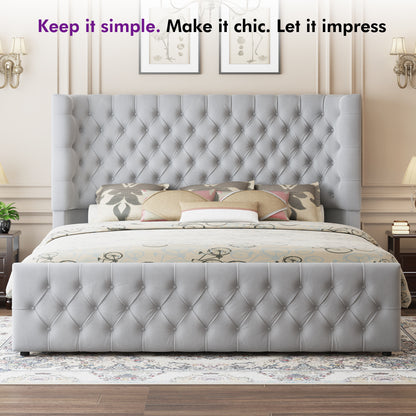 Plush Curved Wingback Bed Frame  - King Bed Light Gray