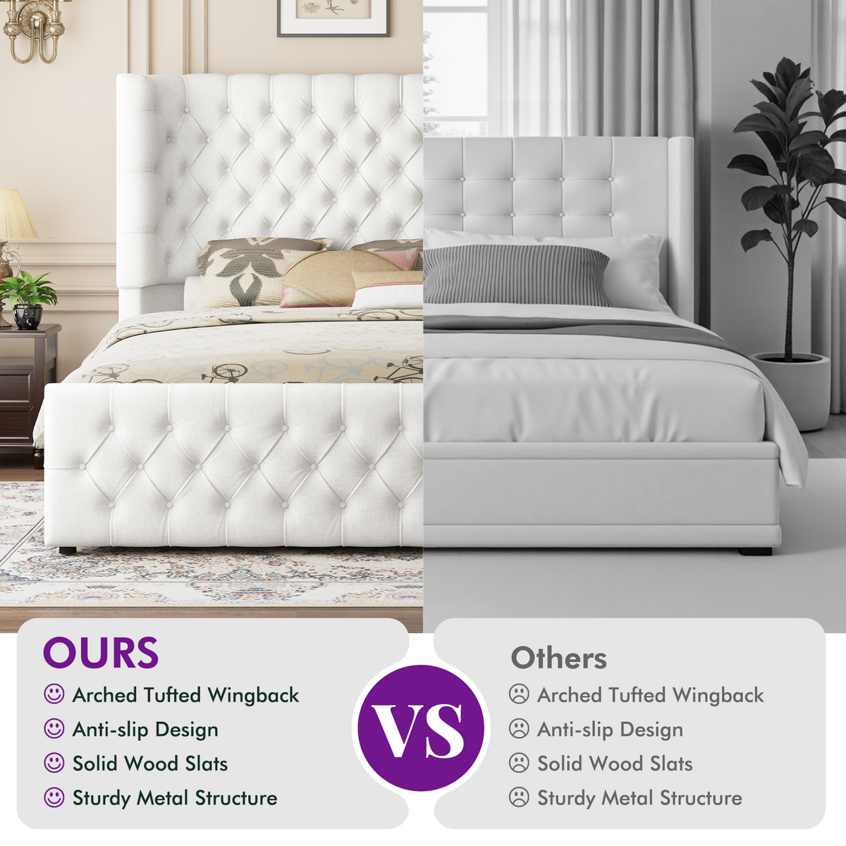 Plush Curved Wingback Bed Frame  - King Bed White