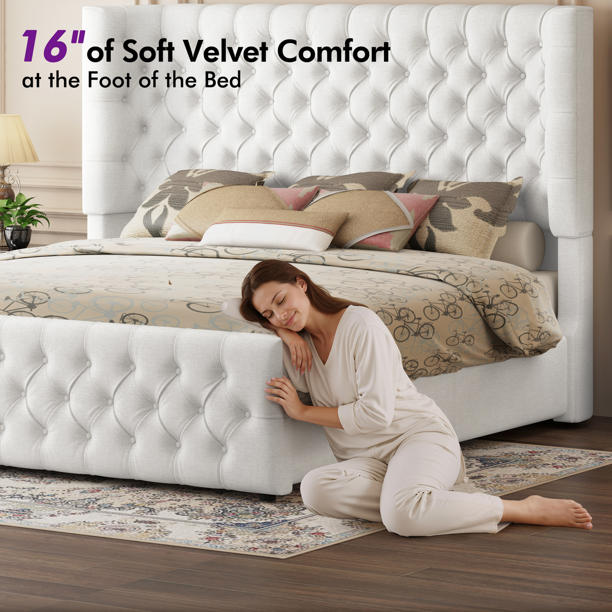 Plush Curved Wingback Bed Frame  - King Bed White