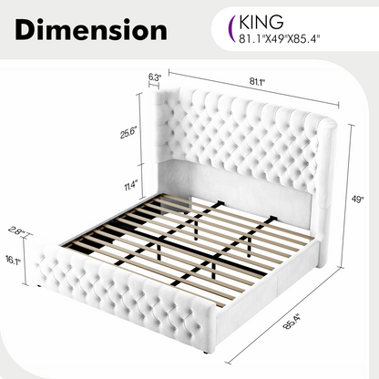 Plush Curved Wingback Bed Frame  - King Bed White