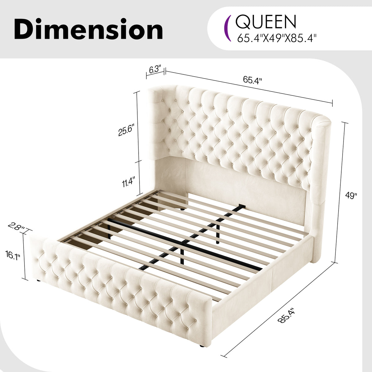 Plush Curved Wingback Bed Frame - Queen Bed Begie