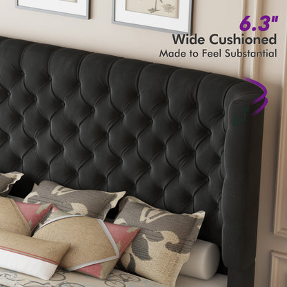 Plush Curved Wingback Bed Frame - Queen Bed Black