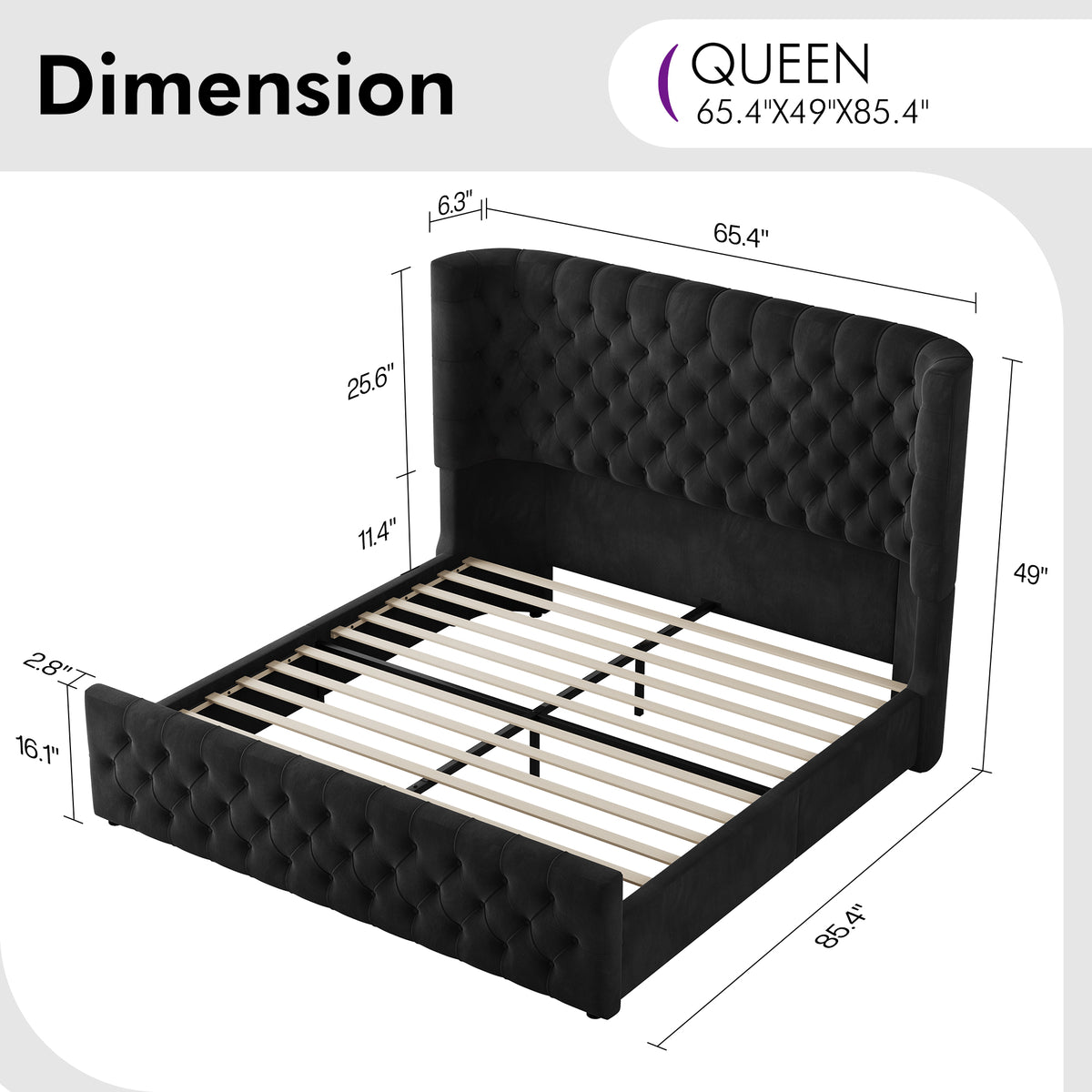 Plush Curved Wingback Bed Frame - Queen Bed Black