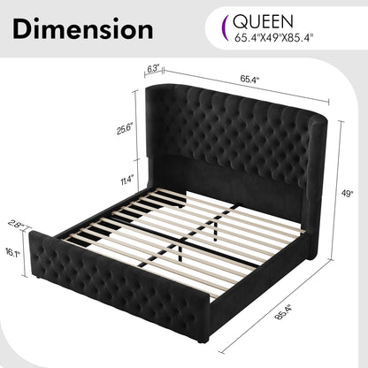 Plush Curved Wingback Bed Frame - Queen Bed Black