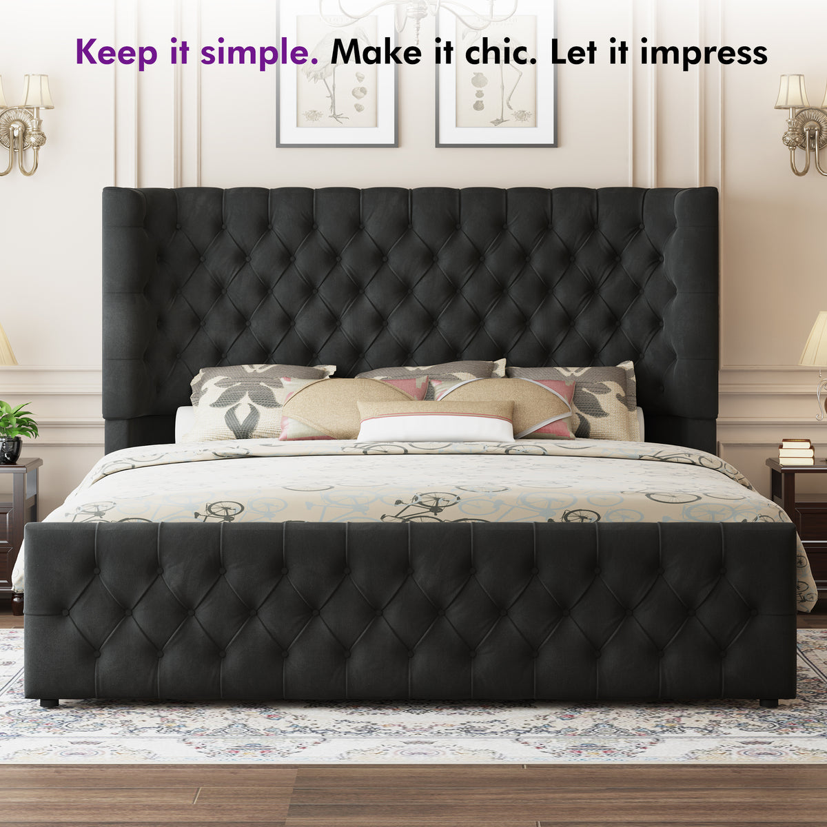 Plush Curved Wingback Bed Frame - Queen Bed Black