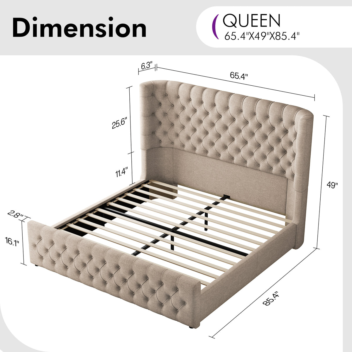 Plush Curved Wingback Bed Frame - Queen Bed Khaki