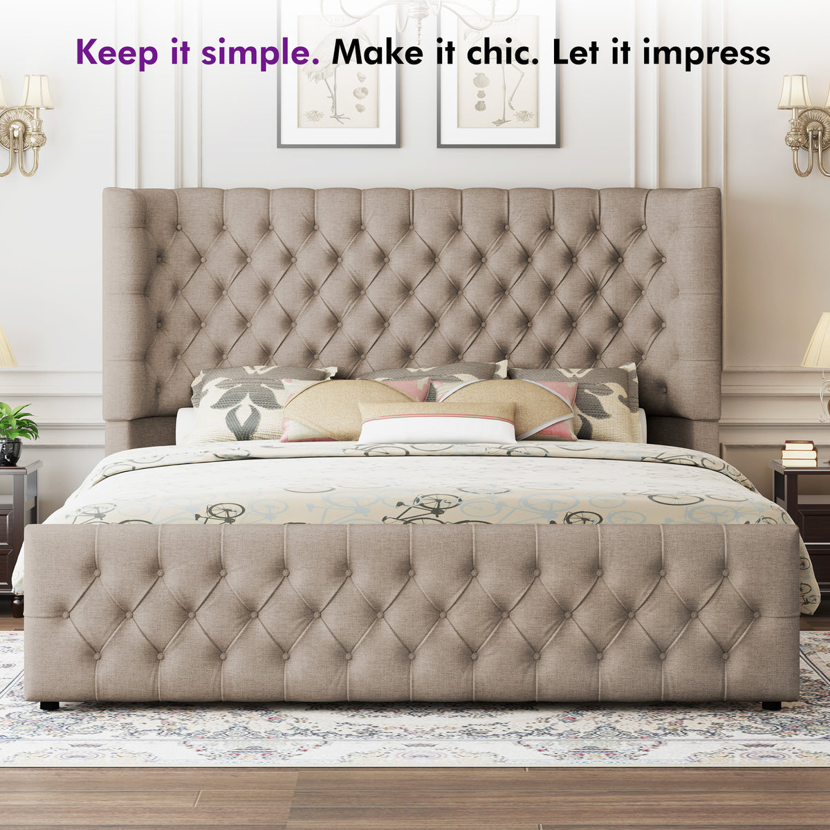 Plush Curved Wingback Bed Frame - Queen Bed Khaki