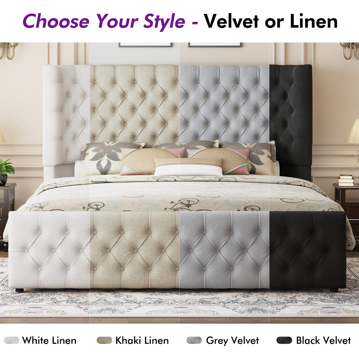 Plush Curved Wingback Bed Frame - Queen Bed Light Gray